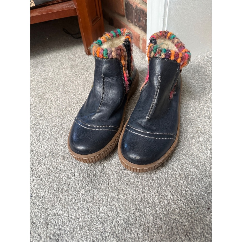 Rieker Antistress Navy Leather Knit Collar Ankle Boots Size 39 Boho Zip Booties